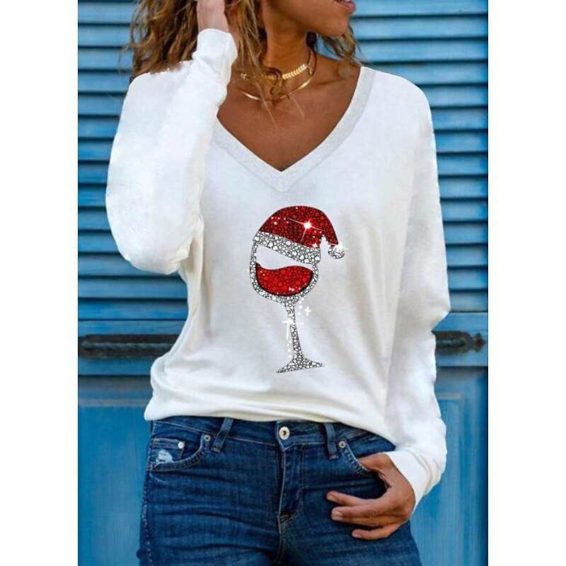 Christmas Women's T Shirt Graphic Wine Glass Vintage Stylish Classic Long Sleeve V Neck Regular Tops Daily Print White Light Green Red Spring Fall Winter3