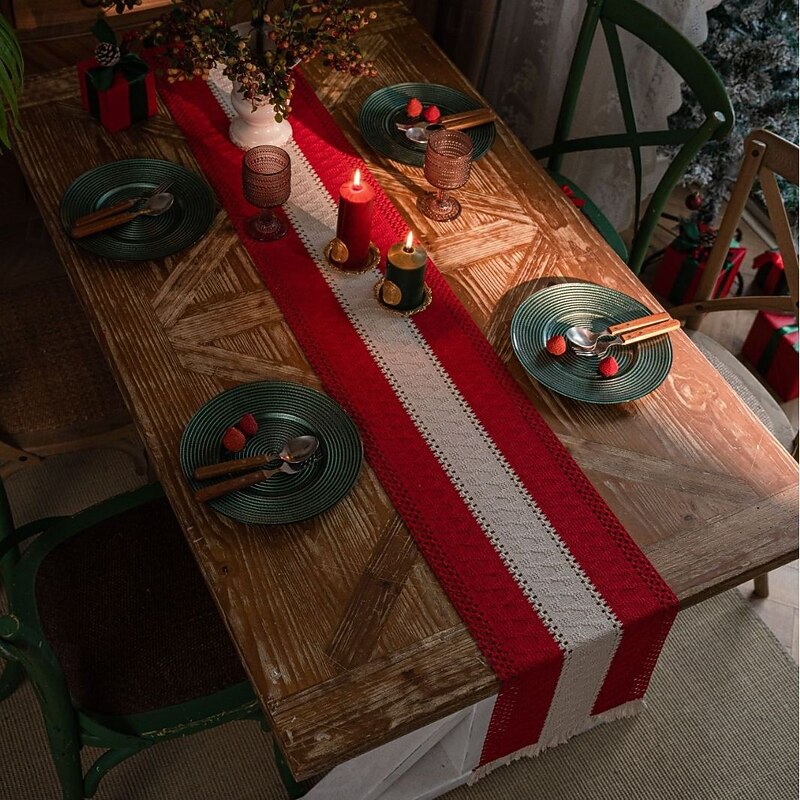 American Style Cotton Linen Table Runner, Striped Two-Tone Woven Fabric with Tassels, Natural Material Holiday Decoration3