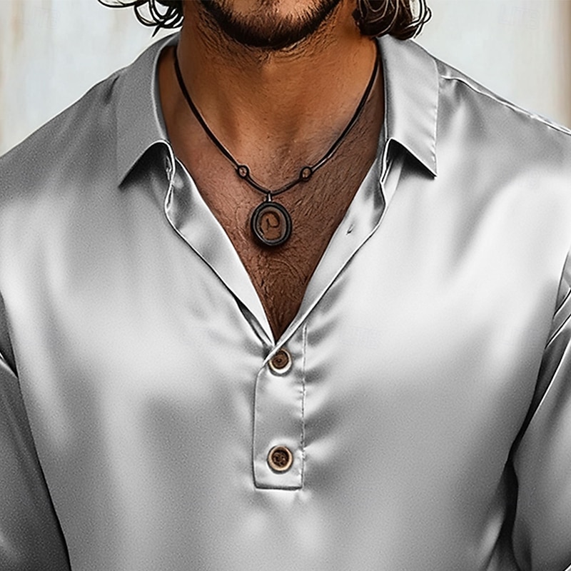 Men's Shirt Satin Shirt Casual Shirt Button Up Shirt Black Blue Gold Gray Long Sleeve Plain Lapel Outdoor Vacation Button-Down Clothing Apparel Elegant Fashion Business Pullover3
