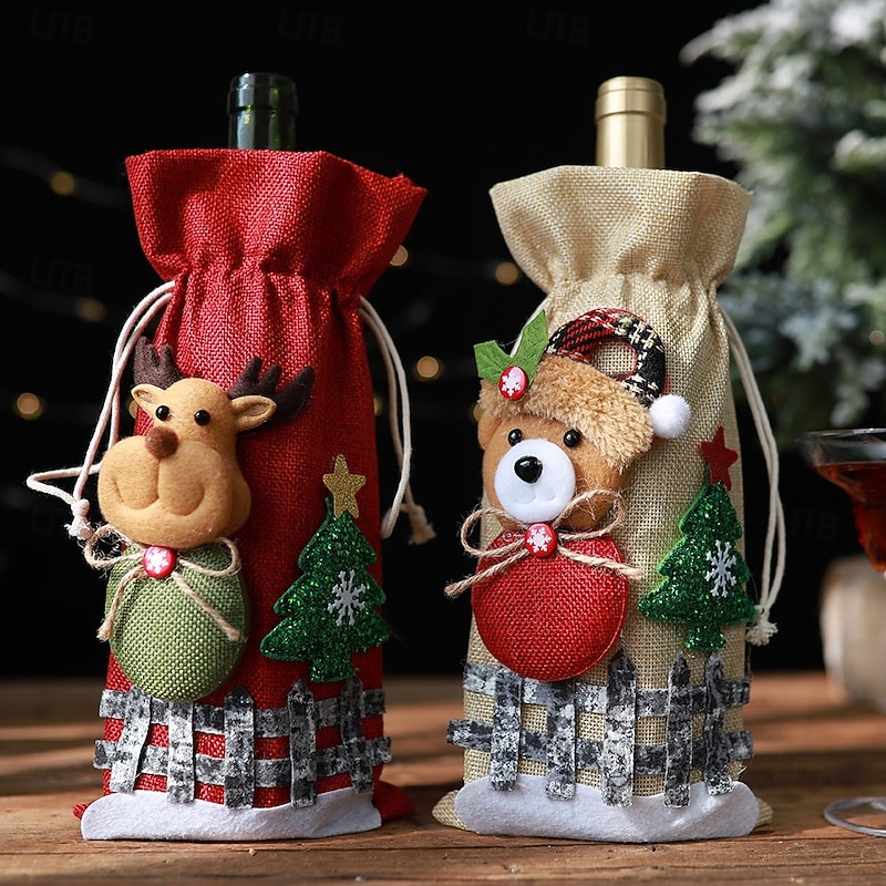 4 Pack Burlap Christmas Wine Bottle Cover Bags with Drawstring Snowy Cartoon Doll Design, Plaid Holiday Gift Wrap Cover for Wine, Champagne, Party Decorations3