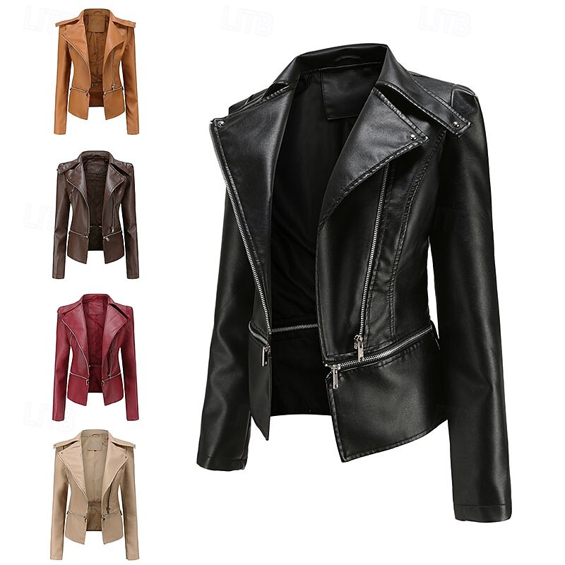 Women's Faux Leather Jacket Comfortable Patchwork Zipper Casual Solid Color Vacation Street Casual Daily Wear Regular Turndown Regular Fit Long Sleeve Outerwear Black Wine Camel Spring Fall
