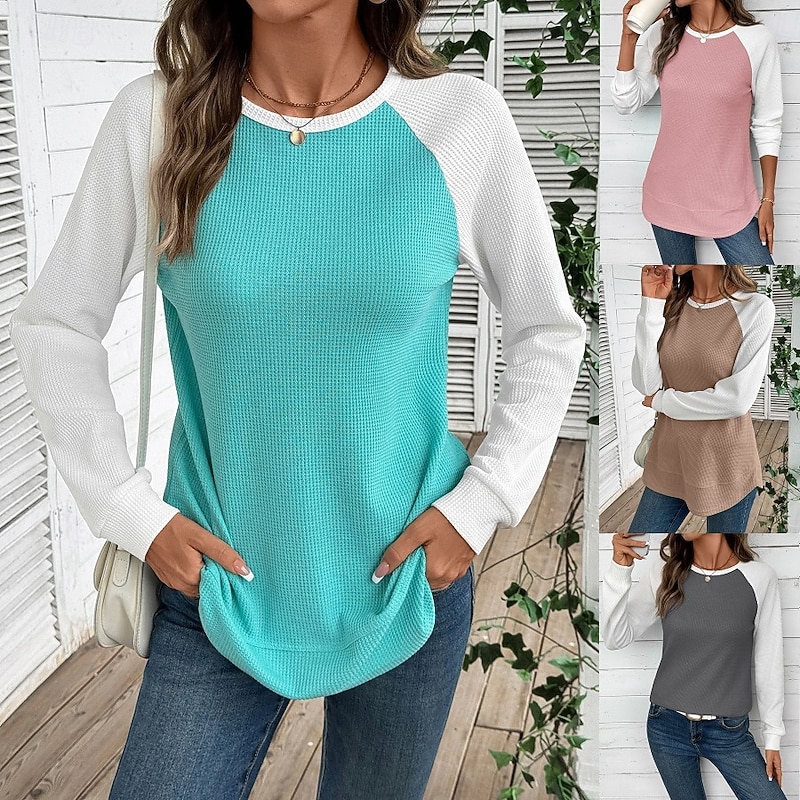 Women's T Shirt Color Block Fashion Stylish Classic Long Sleeve Round Neck Regular Tops Daily Weekend Pink Sky Blue Khaki Gray Spring Fall Winter