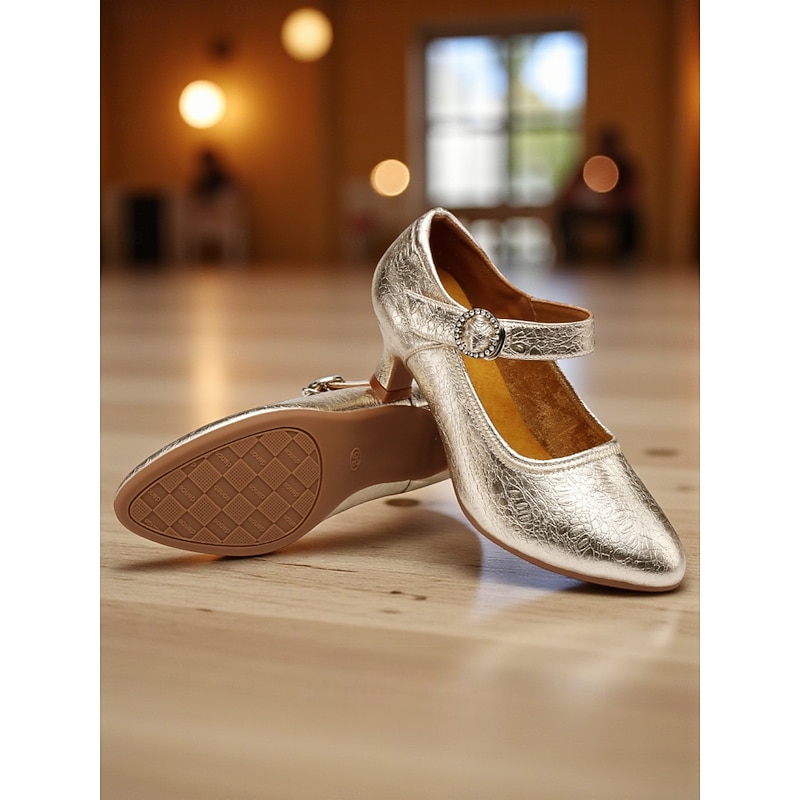 Women's Gold Metallic Mary Jane Dance Shoes - Vintage Low Heel Ballroom & Party Footwear3