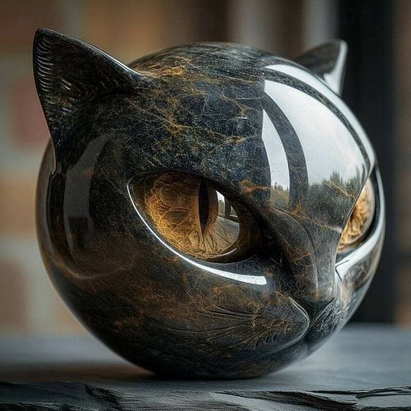 Luxury Black Cat Stone Sculpture Halloween Decoration Hand-Carved Crystals and Healing Stones Carved Halloween Black Cat Decor Pussy Figurine
