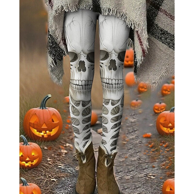 Women's Leggings Cozy Leggings Vacation Vintage Basic Full Length High WaistPantsHalloween Skull Printing Thermal Warm Comfortable Stretchy Vacation Casual Daily ash-colored Fall Winter Slim Fit
