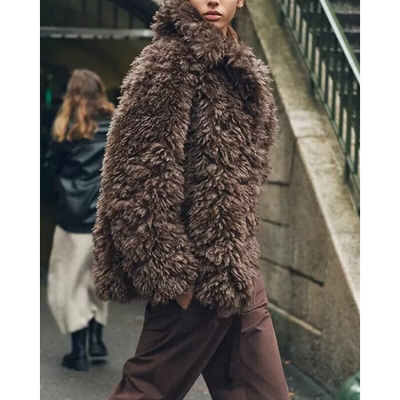 Women's Teddy Coat Faux Fur Coat Warm Comfortable Furs & Leathers Casual Plain Vacation Street Casual Going out Regular Turndown Regular Fit Long Sleeve Outerwear Brown Fall Winter3