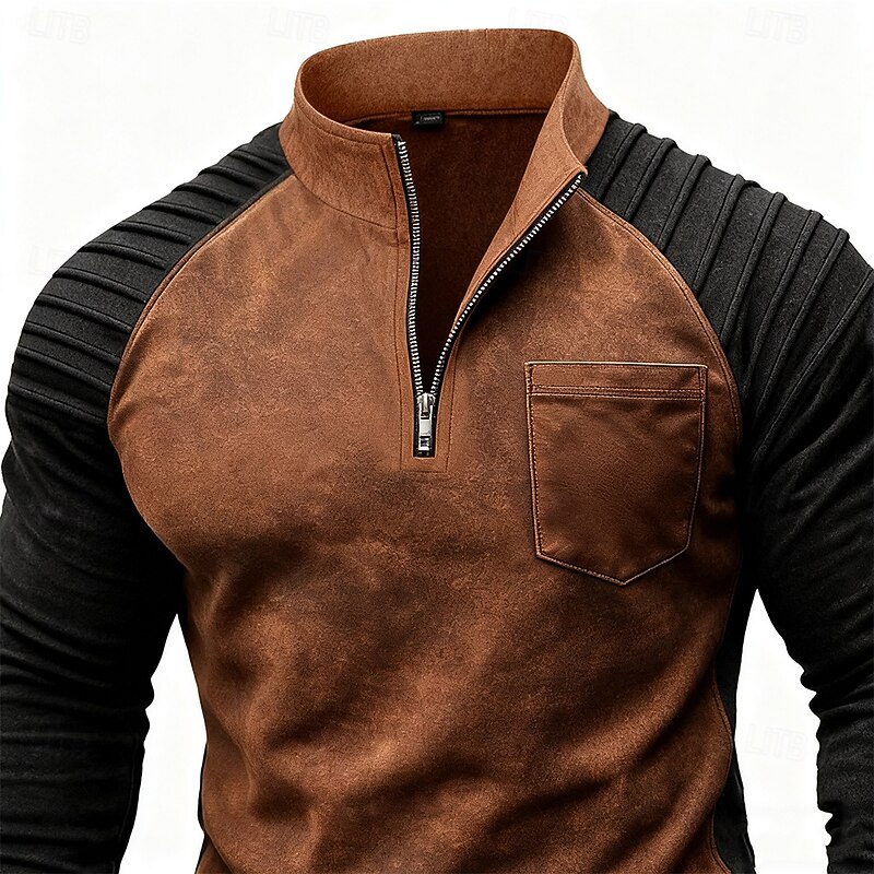 Men's T Shirt Long Sleeve Stand Collar Fall Winter Spring &  Fall Color Block Vintage Daily Casual Ruched Zipper Color Block Outdoor Causal Casual Brown Gray Green Top Tee for Men3