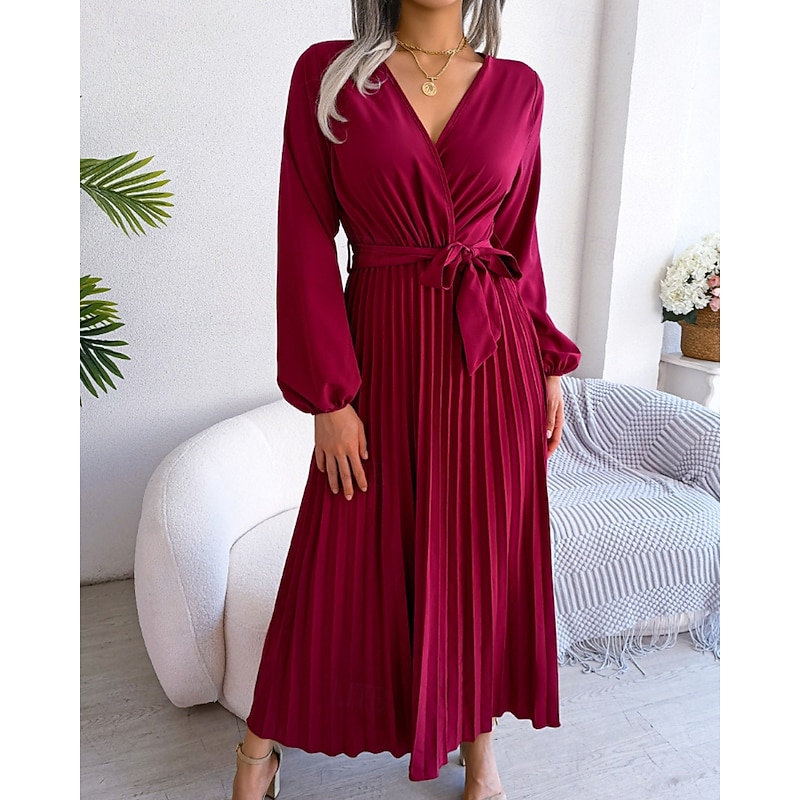 Women's Midi Dress Party Dress Cocktail Dress Satin Dress Fashion Modern Party Birthday Evening Party Regular Fit Plain Long Sleeve V Neck Black Red Royal Blue Purple Fall Winter4
