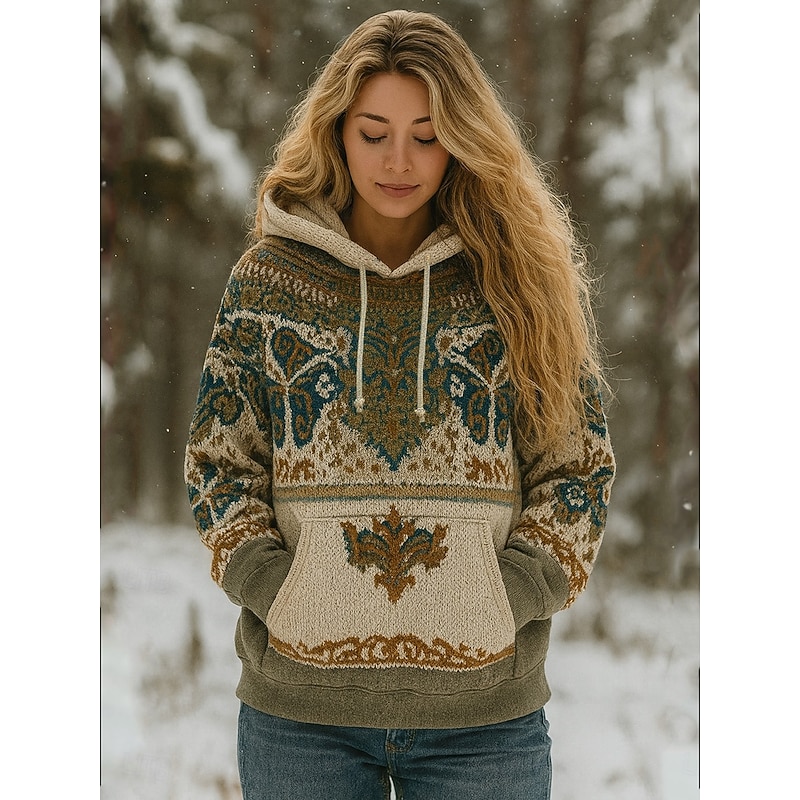 Viking Boho Women's Pullover Hoodie Sweatshirt Graphic Geometric Tribal Warm Vintage Casual Long Sleeve Hooded Regular Tops Street  Casual Patchwork Print Front Pocket Green Spring Fall Winter