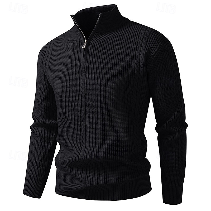 Men's Sweater Pullover Sweater Jumper Ribbed Knit Regular Tops Knitted Slim Fit Plain Standing Collar Knitwear Contemporary Casual Daily Wear Clothing Apparel Fall Black Red M L XL4