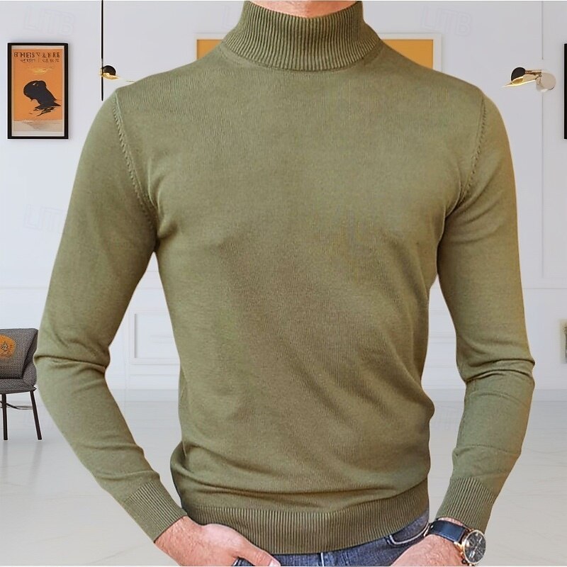 Men's Sweater Pullover Sweater Jumper Ribbed Knit Regular Tops Knitted Slim Fit Plain Turtleneck Knitwear Contemporary Casual Daily Wear Clothing Apparel Fall Army Green M L XL