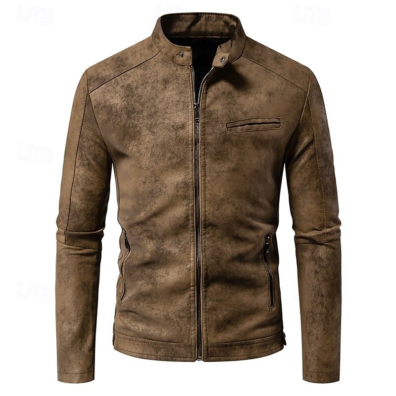 Men's Faux Leather Jacket Biker Jacket Motorcycle Jacket Vacation Daily Windproof Warm Pocket Fall Winter Plain Fashion Classic Stand Collar Regular Black Brown Green Jacket