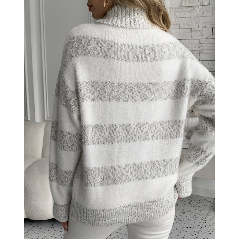 Women's Sweater Pullover Casual Soft Striped Ribbed Turtleneck Knitted Long Sleeve Regular Tops Knit Daily Holiday Weekend Light Green Pink Fall3