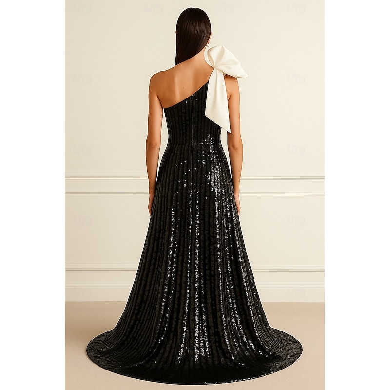 Sequin A-Line Evening Gown Elegant Formal Dress Formal Wedding Floor Length Sleeveless One Shoulder Pocket Satin with Glitter Bow(s) 20252