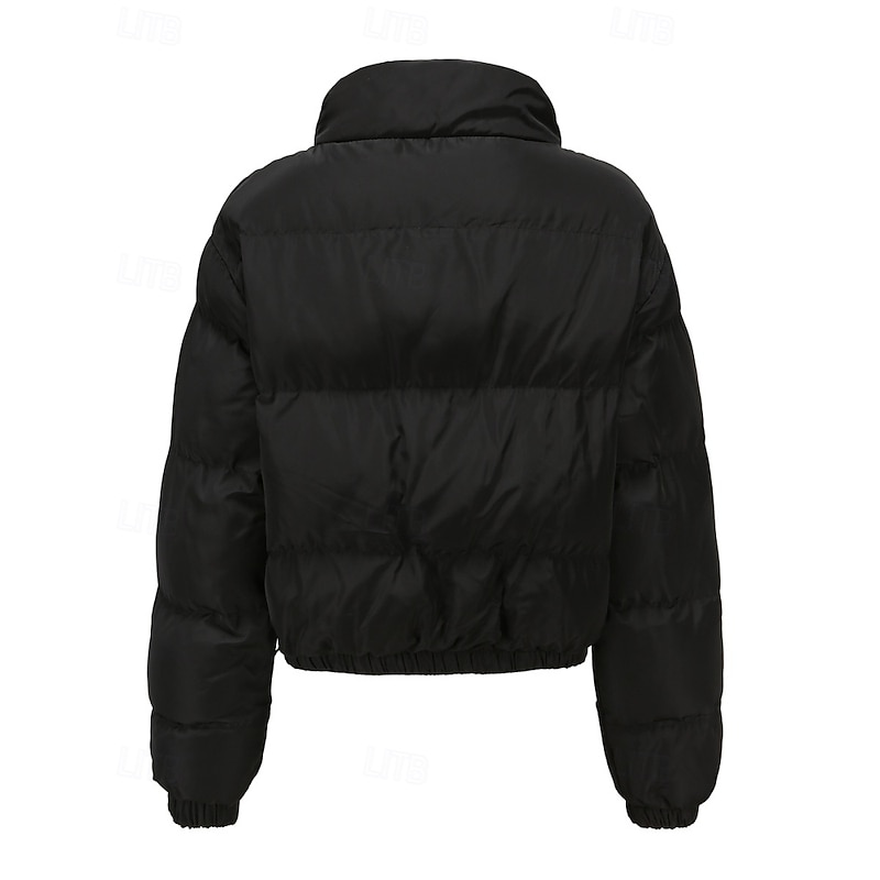 Women's Winter Coat Quilted Jacket Warm Comfortable Zipper Pocket Casual Plain Vacation Daily Wear Going out Weekend Short Stand Collar Loose Fit Long Sleeve Outerwear Black Yellow Wine Fall Winter4