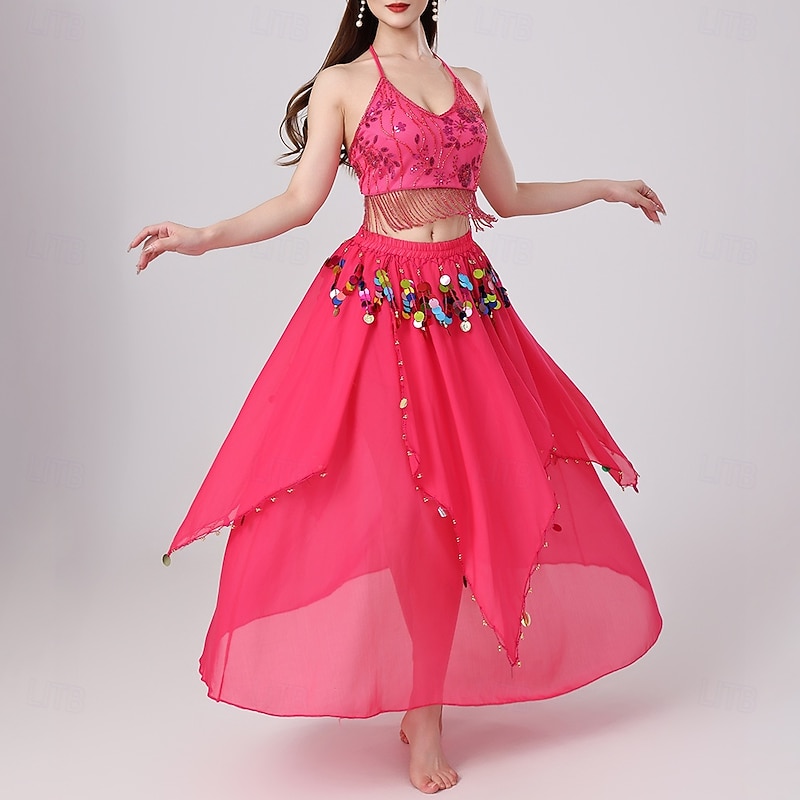 Belly Dance Skirts Tassel Pure Color Splicing Women's Performance Training Sleeveless High Polyester