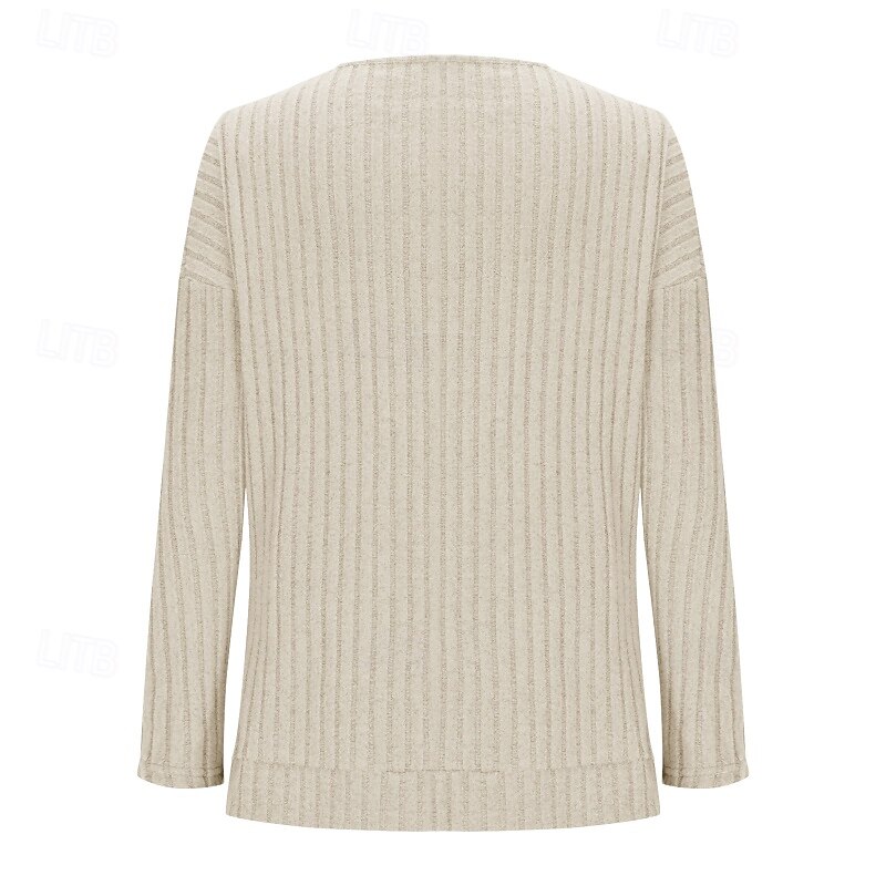 Women's Sweater Pullover Streetwear Casual Solid Color Ribbed Crew Neck Buttons Knitted Long Sleeve Regular Tops Knit Daily Holiday Weekend Black Army Green Fall Winter3