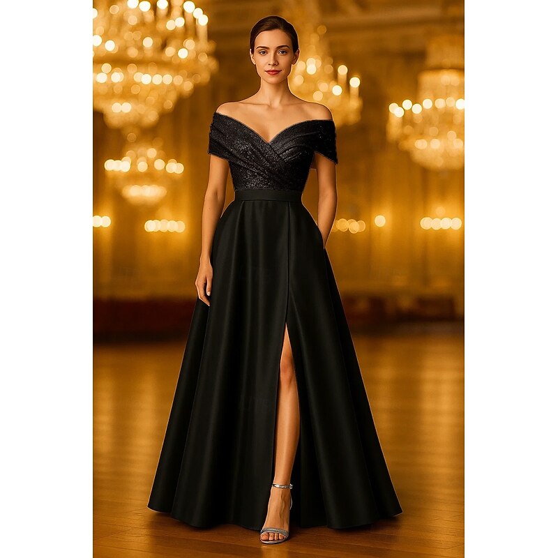 Black and White Sequin A-Line Evening Gown Elegant Formal Dress Formal Wedding Floor Length Sleeveless Off Shoulder Pocket Satin with Pleats Slit 20254
