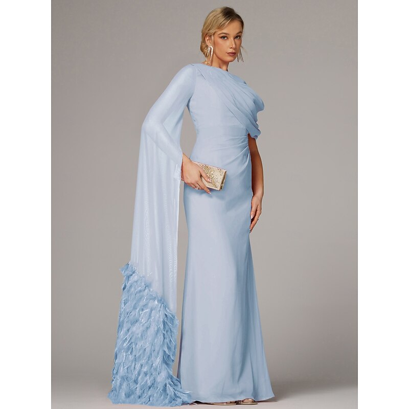 Sheath Evening Gown Elegant Dress Formal Fall Sweep / Brush Train Sleeveless Cowl Neck Chiffon with Feather Ruched Slit2