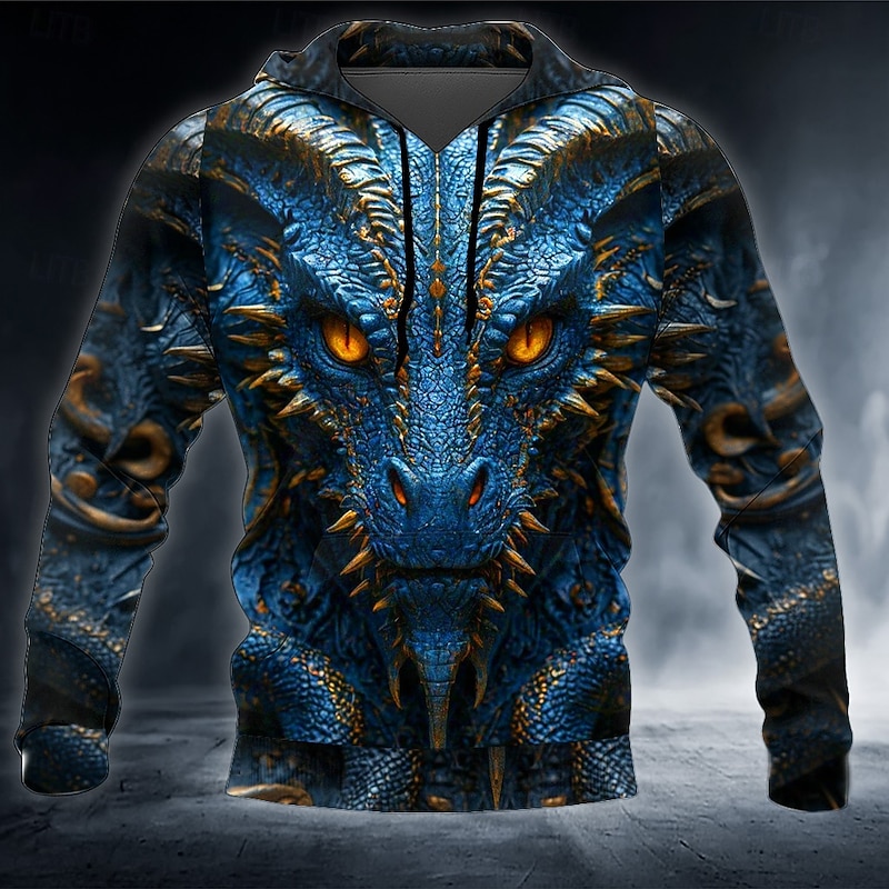 Men's Dragon 3D Hoodie Sweatshirt Cool Party Crew Neck Club Streetwear Red Blue Drawstring Fall Winter Designer