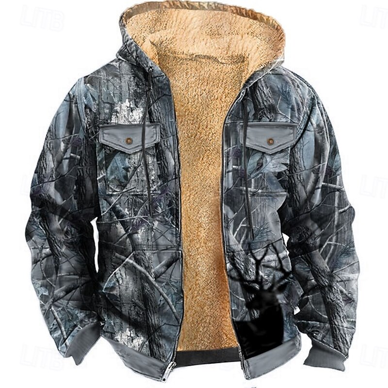 Men's Camo Camouflage Fleece Hoodie Jacket Fashion Cool Hooded Hunting Blue Green Zipper Pocket Fall Winter Designer2