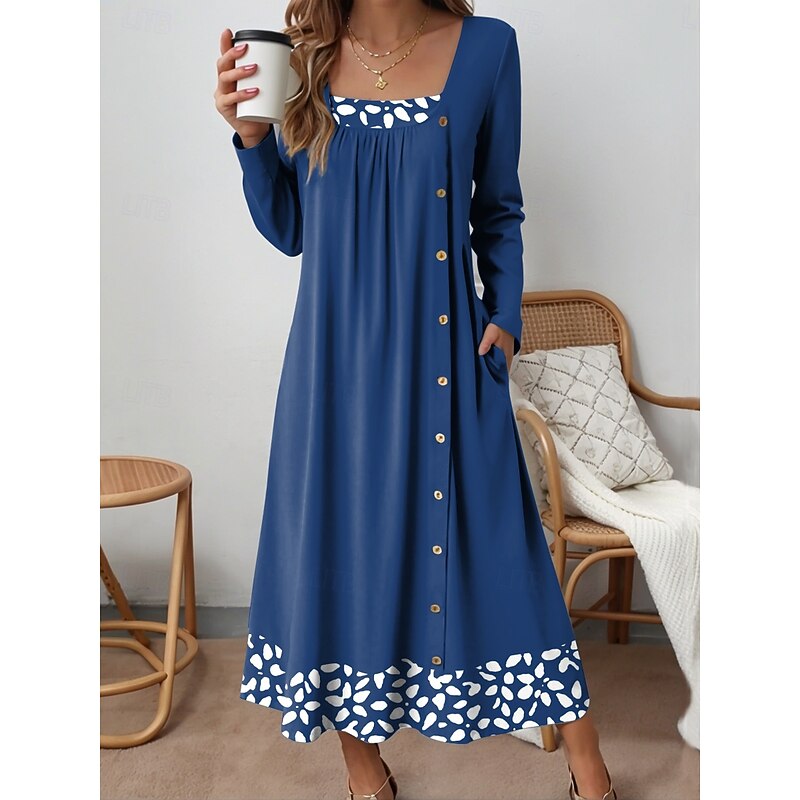 Women's Midi Dress Shift Dress Casual Daily Loose Fit Graphic Geometric Long Sleeve Square Neck Black Red Blue Spring Fall Winter3