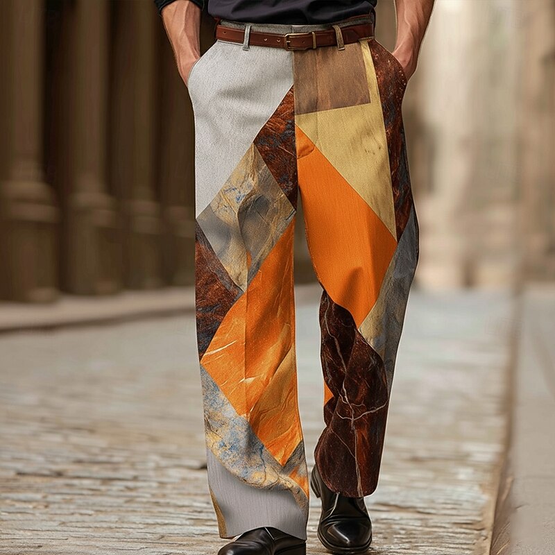 Men's Geometric Trousers Dress Pants Suit Pants Mid Waist Fashion Casual Dailywear Holiday Streetwear Relaxed Fit Flat Front Dress Pants with Side Pockets Spring Fall 3D Print Blue Orange khaki2