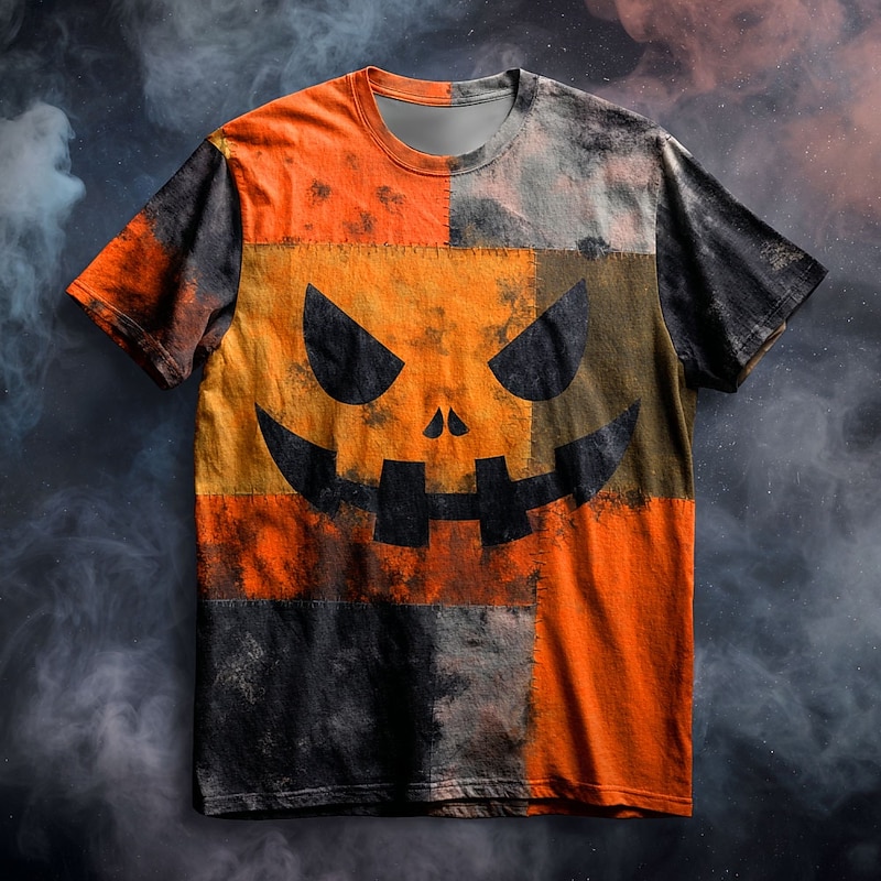 Halloween Men's Pumpkin Patchwork 3D T Shirt Short Sleeve T shirt 3D Print Crew Neck Shirt Exaggerated Designer Horror Party Street Holiday Red Purple Orange Summer Spring All Seasons Clothing Apparel