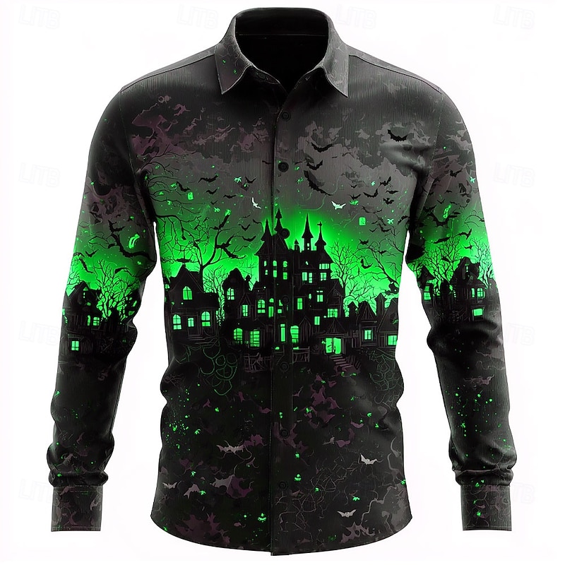 Halloween Men's Bat Horror Haunted House Shirt Button Up Shirt Long Sleeve Dark Punk Gothic Style Outdoor Holiday Summer Spring Turndown 3D Print Collared Shirts Blue Purple Orange Green