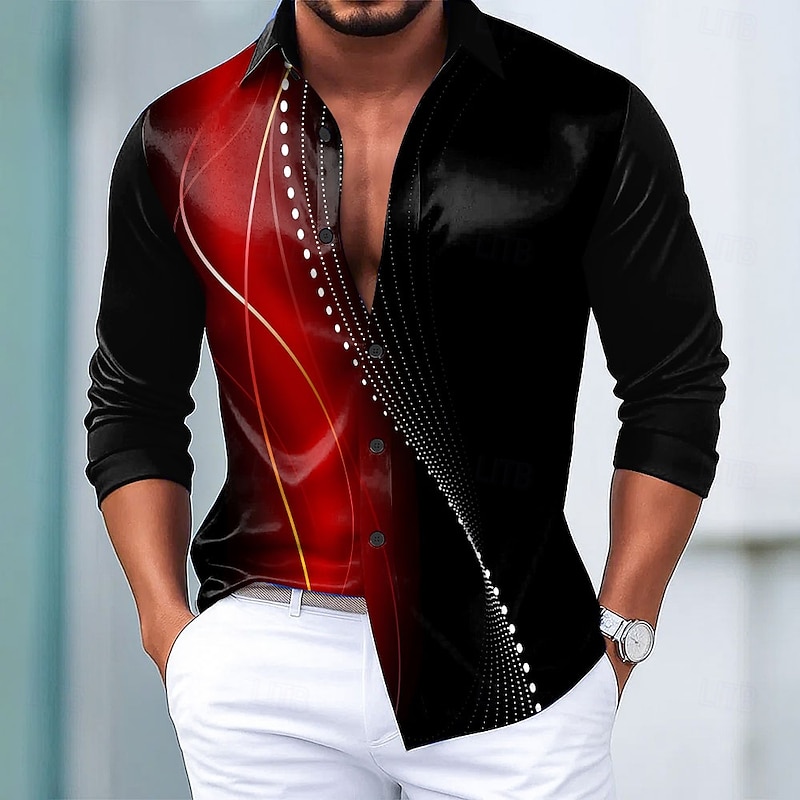 Men's Geometric Gradient Color Line Shirt Satin Shirt Dress Shirt Long Sleeve Fashion Casual Vacation Dailywear Summer Spring Fall Turndown 3D Print Button Up Shirts Black / Green Black / Purple