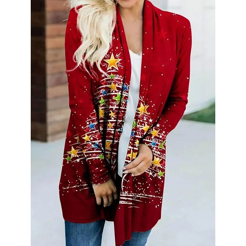Women's Winter Coat Lightweight Comfortable Print Open Front Vintage Fashion Casual Tree Vacation Casual Long Collarless Loose Fit Long Sleeve Outerwear Red Spring Fall2
