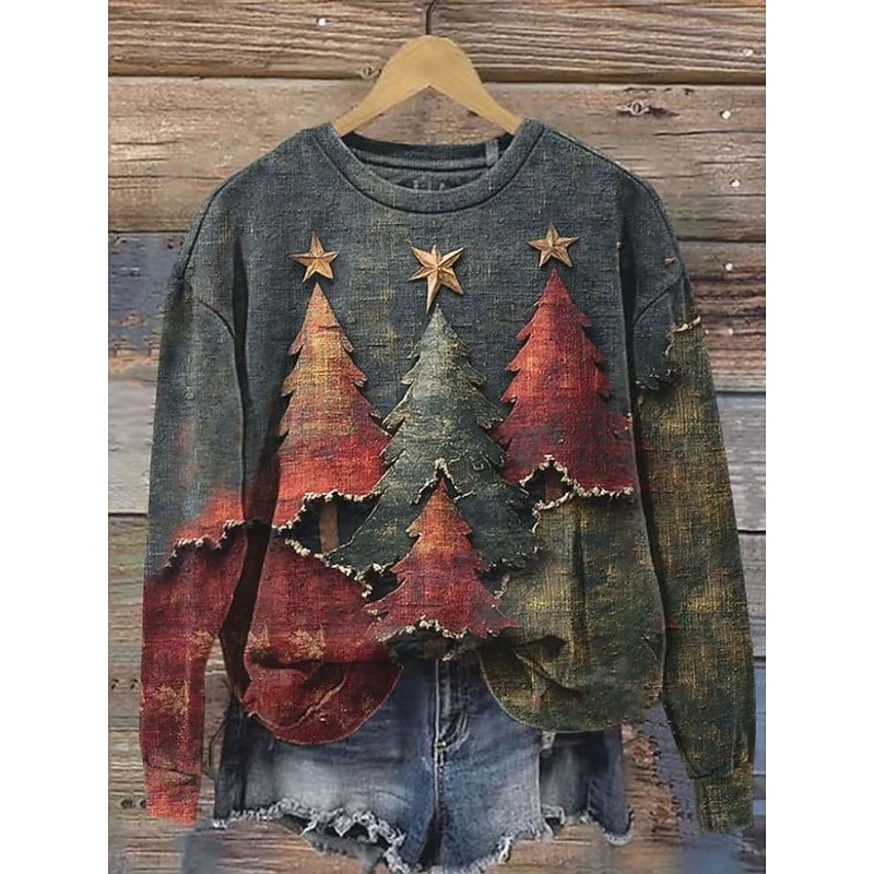 Women's Pullover Sweatshirt Christmas Tree Christmas Casual Long Sleeve Crew Neck Regular Tops Street Dailywear Casual Blue Green Dark Gray Fall Winter
