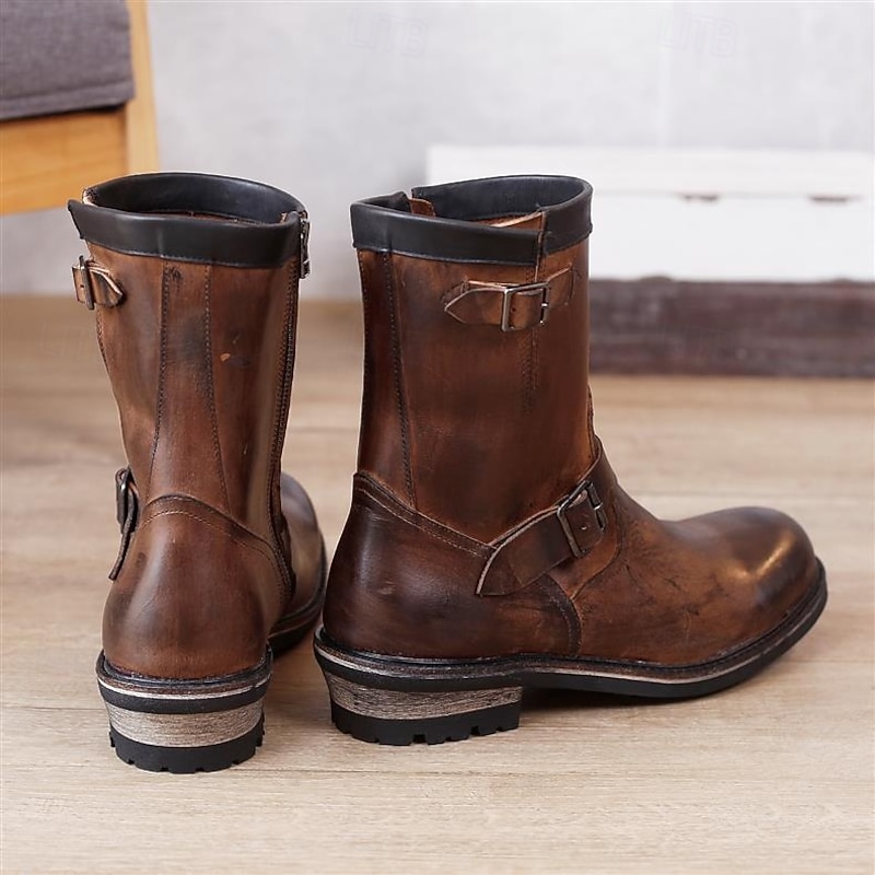 Men's Brown Mid-Calf Leather Boots – Genuine Cowhide Retro Motorcycle Riding Footwear with Buckle Strap for Biker Style and Outdoor Casual Use4