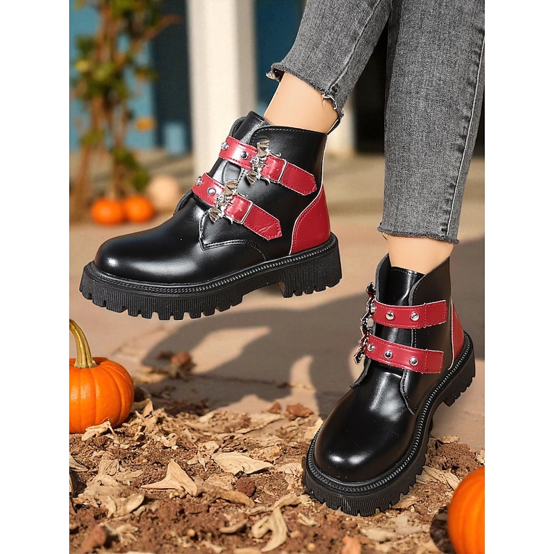 Women's Halloween Punk Combat Boots – Black and Red Faux Leather Ankle Boots with Bat Charms and Buckle Straps for Fall Festival, Costume Party and Spooky Season Streetwear2
