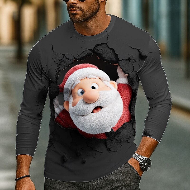 Christmas Men's Santa Claus Funny T Shirt Long Sleeve T shirt 3D Print Crew Neck Shirt Fashion Basic 3D Street Casual Daily Black White Summer Spring Clothing Apparel S M L XL XXL XXXL2