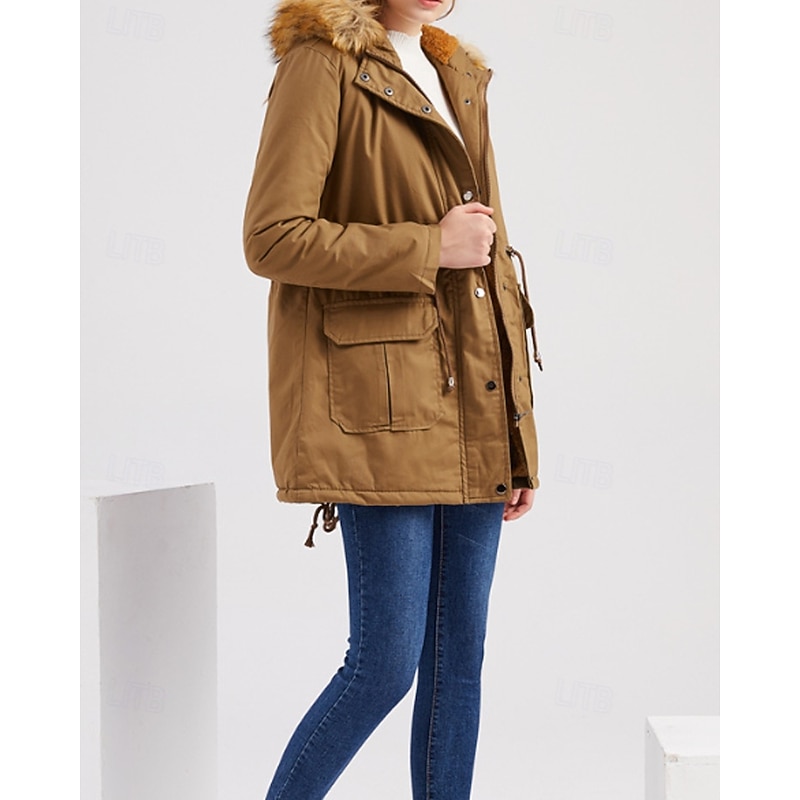 Women's Winter Coat Hoodie Jacket Warm Comfortable Zipper Pocket Casual Plain Vacation Daily Wear Going out Weekend Long Hooded Regular Fit Long Sleeve Outerwear Black Wine Khaki Fall Winter2