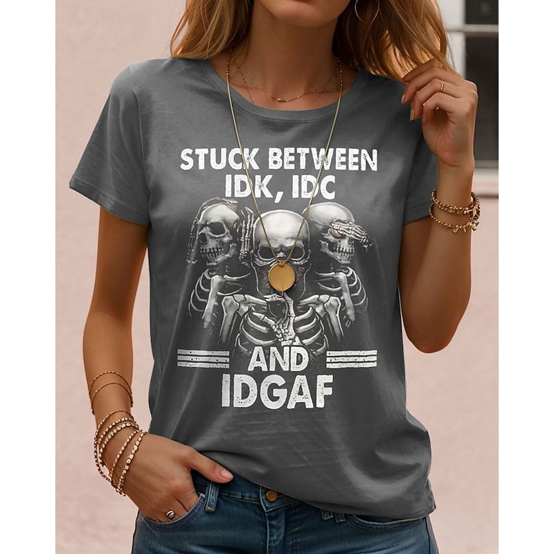 Women's T Shirt Graphic Skull Letter Vintage Stylish Casual Short Sleeve Crew Neck Regular Tops Daily Going out Weekend Print Black Blue Green Gray Summer3