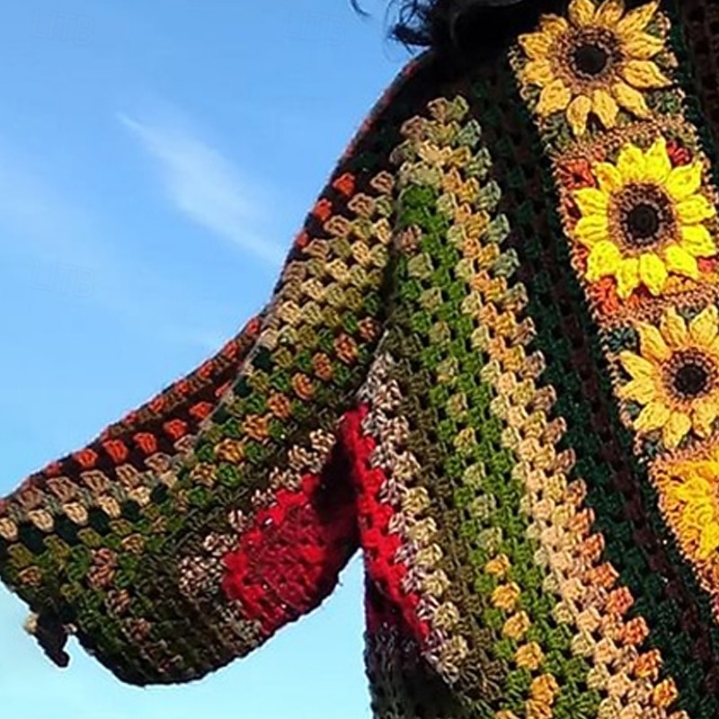 Women's Cardigan Sweater Knitted Ribbed Button Front Round Neck Sunflower Long Sleeve Lightweight Vintage Fashion Floral Crew Neck Print Regular Tops Knit Outdoor Daily Weekend Yellow Fall Winter2