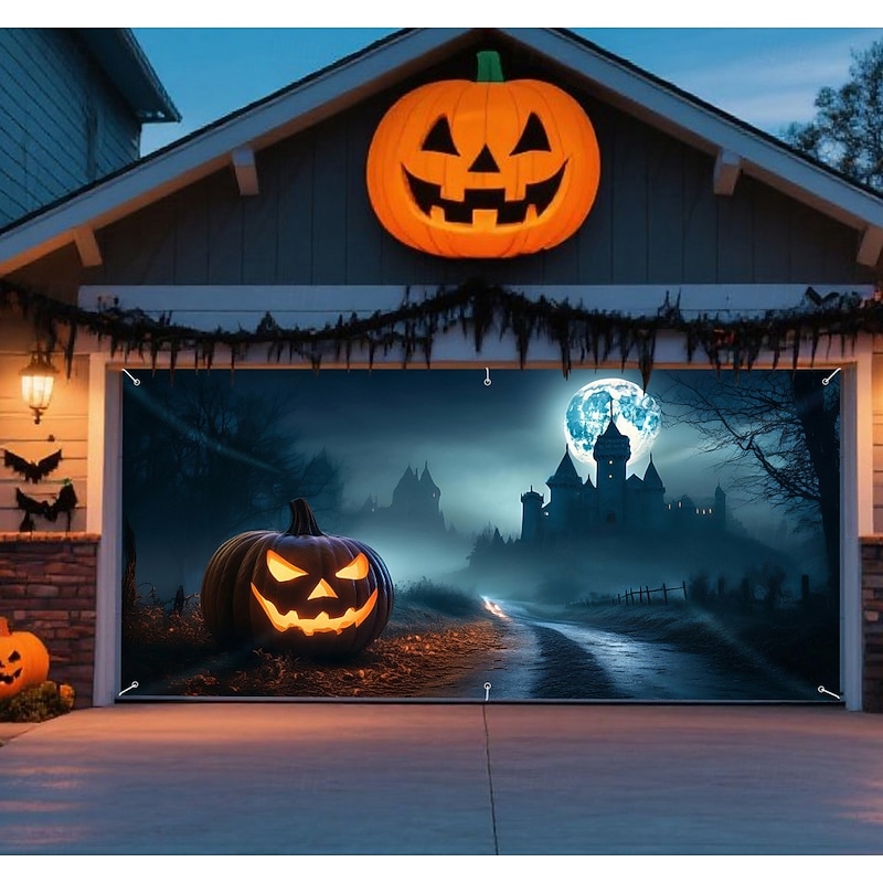 Halloween Garage Door Cover Night Castle Witch Bats Bare Trees Pumpkin Moon Large Outdoor Backdrop with Grommets Yard Front Porch Wall Decorations2