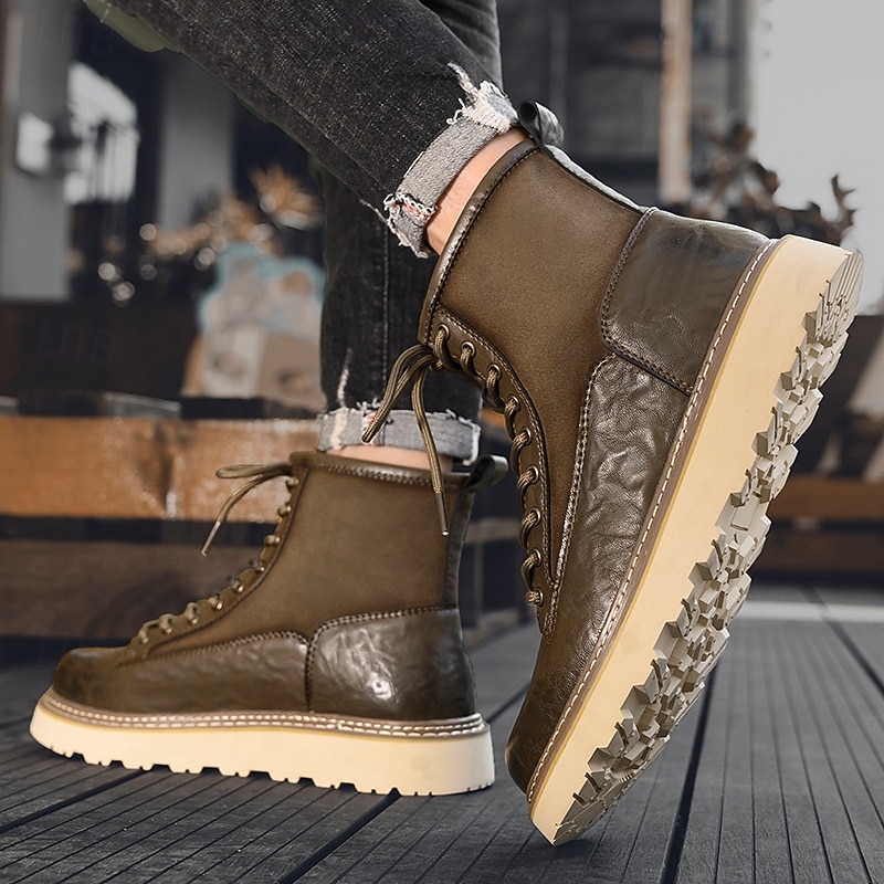 Men's Brown Faux Leather Lace-Up Combat Boots – Durable Outdoor Work and Hiking Footwear for Daily Wear and Adventure4