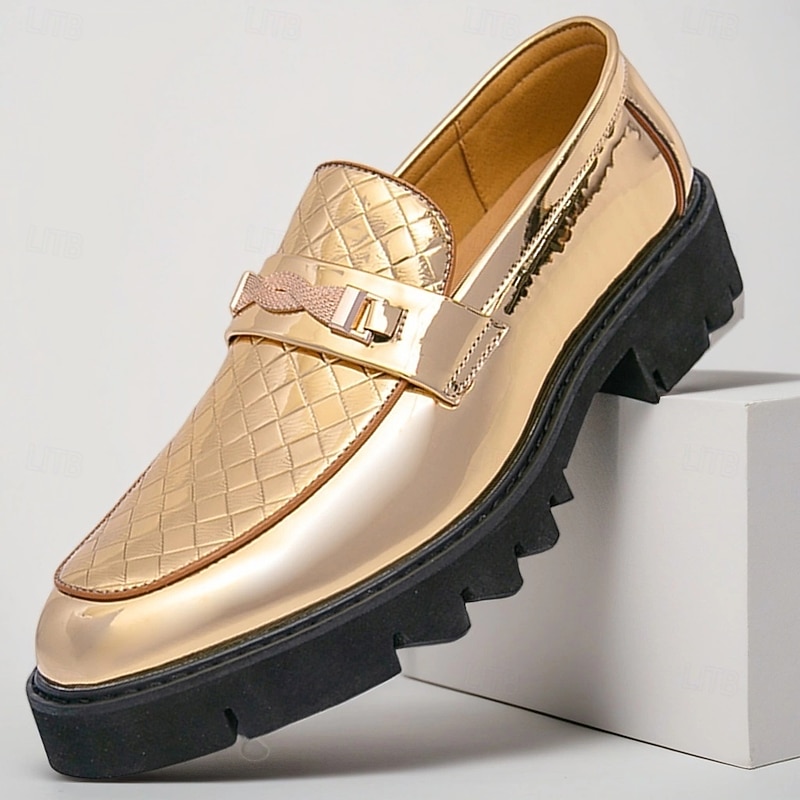 Men's Gold Dress Loafers with Buckle – Shiny Quilted Slip-On Formal Shoes for Parties, Weddings and Business Events