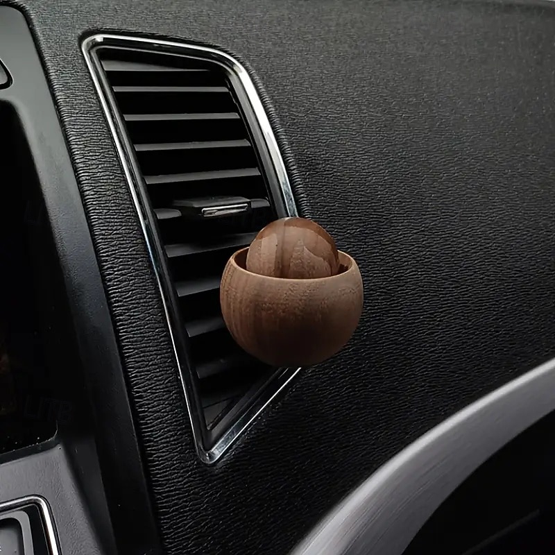 Handcrafted Natural Black Walnut Car Aroma Diffuser - Circular Design with Black Handle Battery-Free Compatible with Car Vent and Home Essential Oil Diffusers2