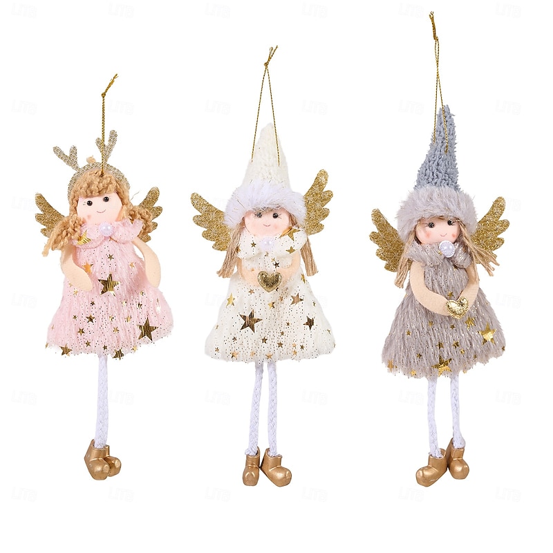 3pcs Christmas Angel Ornaments, Reindeer Antler Angel Hanging Decorations, Pink Winged Girl Angel Figurines, Small Tree Ornaments, Holiday Decor3
