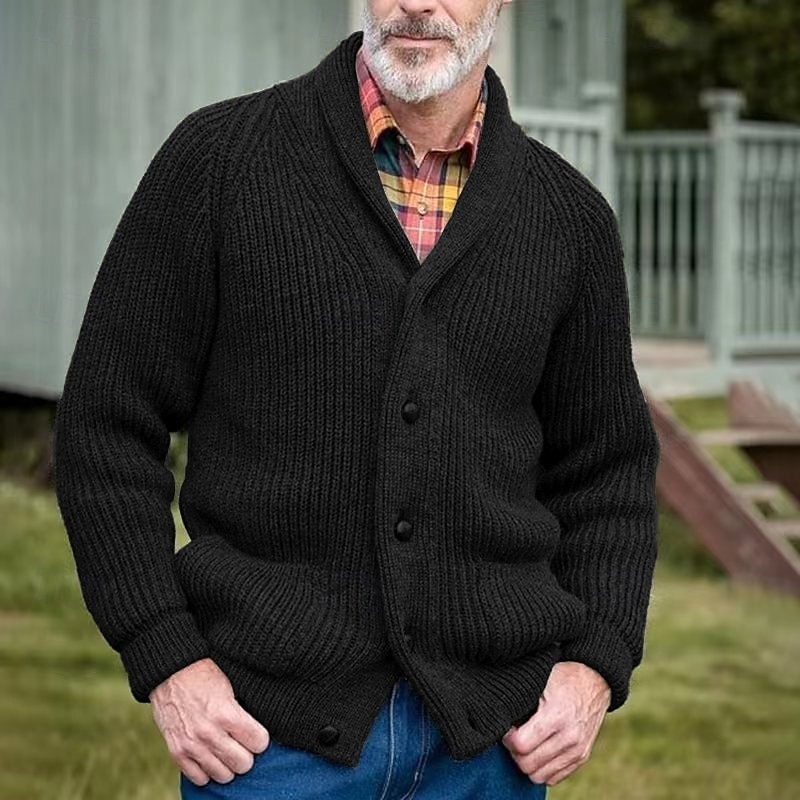 Men's Cardigan Sweater Dress Sweater Chunky Cardigan Cropped Sweater Cable Knit Regular Button Up Plain Lapel Vintage Warm Ups Casual Daily Wear Clothing Apparel Raglan Sleeves Fall Winter Black Green2