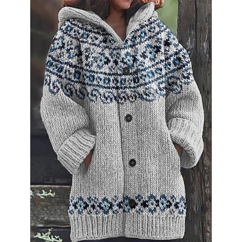 Women's Sweater Cardigan Elegant Fashion Streetwear Geometric Striped Hooded Pocket Knitted Print Long Sleeve Regular Tops Knit Outdoor Daily Weekend Navy Blue Royal Blue Fall Winter4