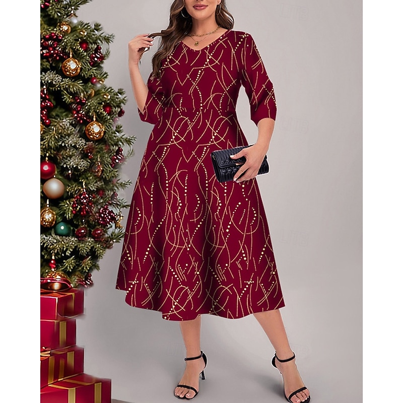 Women's Midi Dress Velvet Dress Cocktail Dress Fashion Modern Evening Party Date Weekend Regular Fit Geometric Half Sleeve V Neck Red Spring Fall