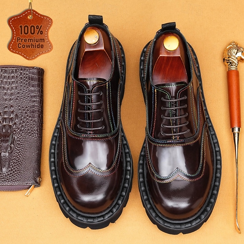 Men's Burgundy Brogue Oxford Shoes Classic Lace-Up Business Formal Footwear for Office, Banquets and Special Occasions