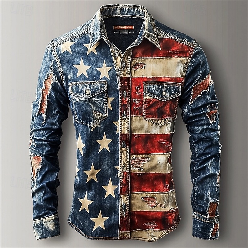 Men's National Flag Shirt Button Down Shirt Casual Shirt Long Sleeve Casual Comfortable Vacation Street Holiday Spring Fall Lapel Pocket Print Black Blue