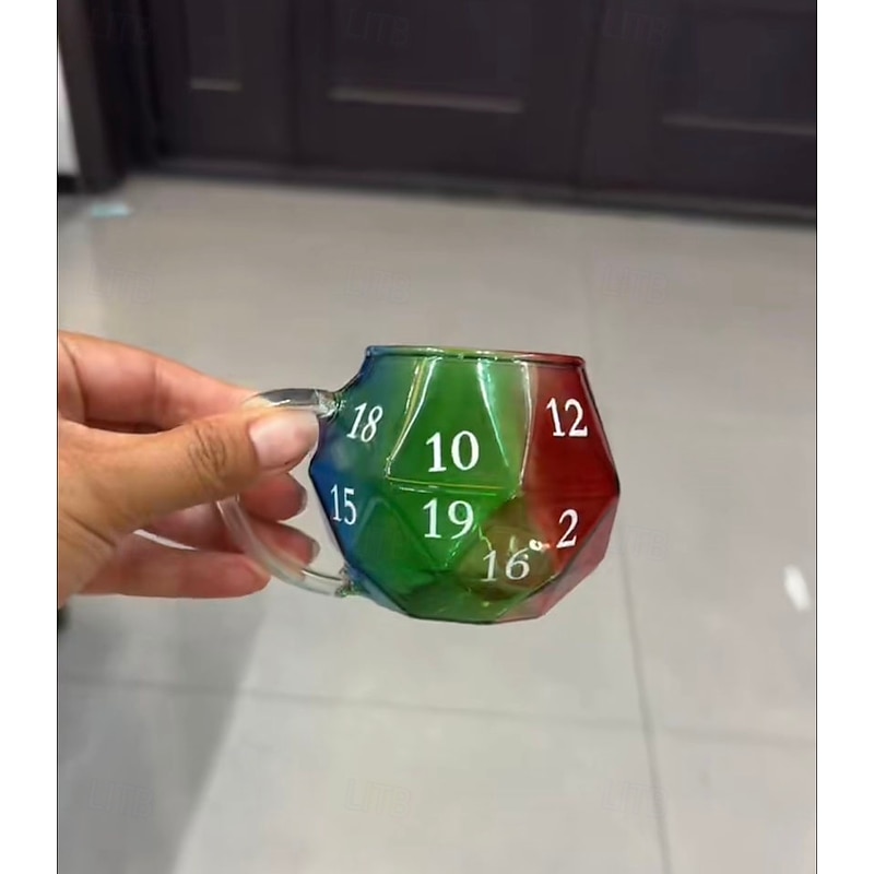 Rainbow D20 Dice Mug, Polyhedral Dice Coffee Cup with Handle, Transparent Glass Game Mug for RPG Lovers, Game Night Mugs Gift for Fantasy Lovers3