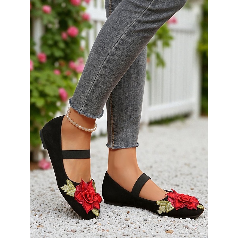 Women's Christmas Mary Jane Flats – Faux Suede Rose Embroidered Strap Shoes for Holiday Party and Daily Wear4